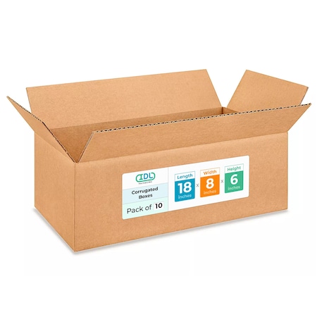 Idl Packaging 18 in x 8 in x 6 in Shipping Box, Kraft, Corrugate, Single Wall, 200#, 10 PK B-1886-10